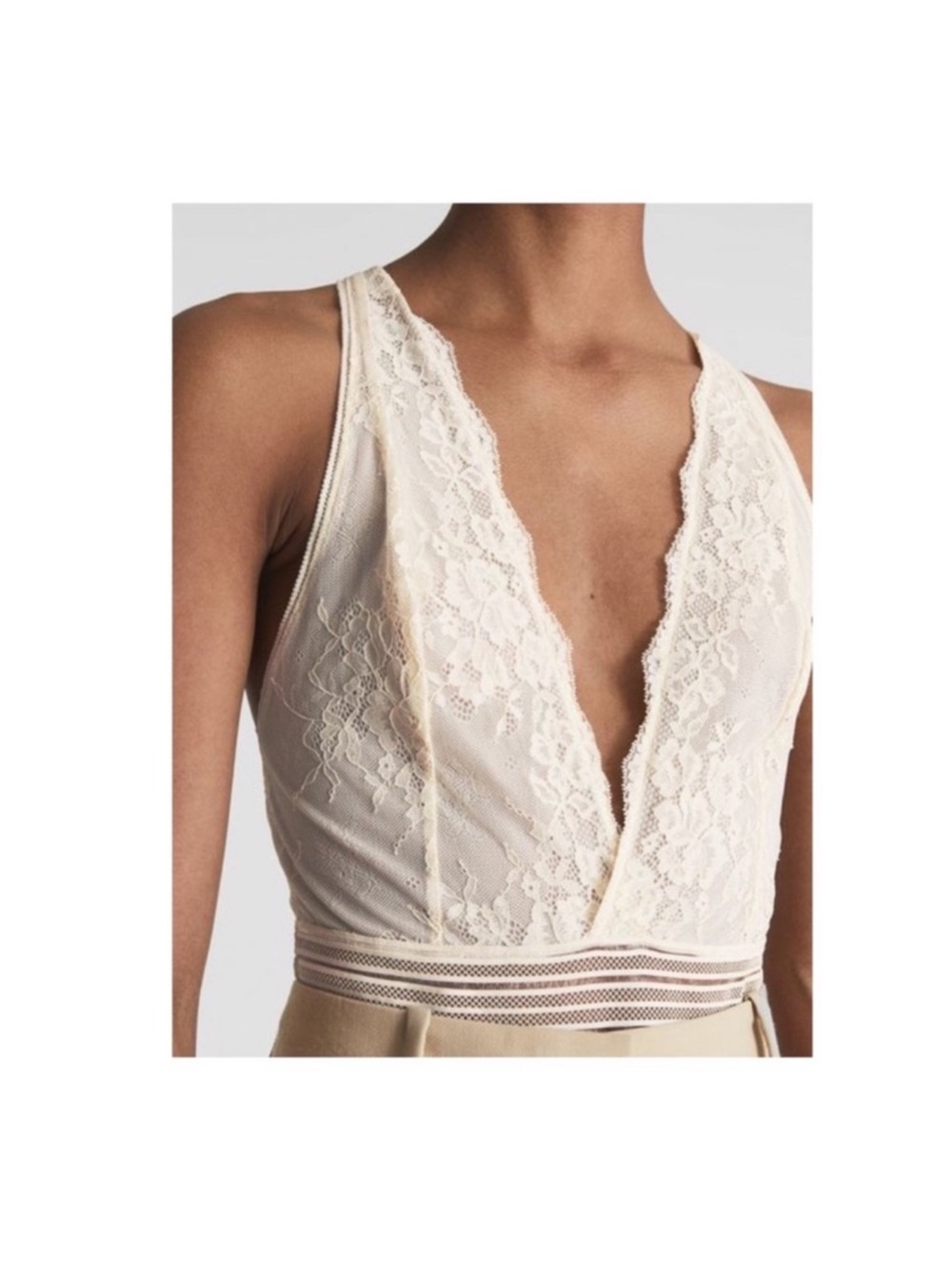 New! REISS Stretch Sexy Lace Plunge Open Back Bodysuit in Cream Ivory - Picture 2 of 11